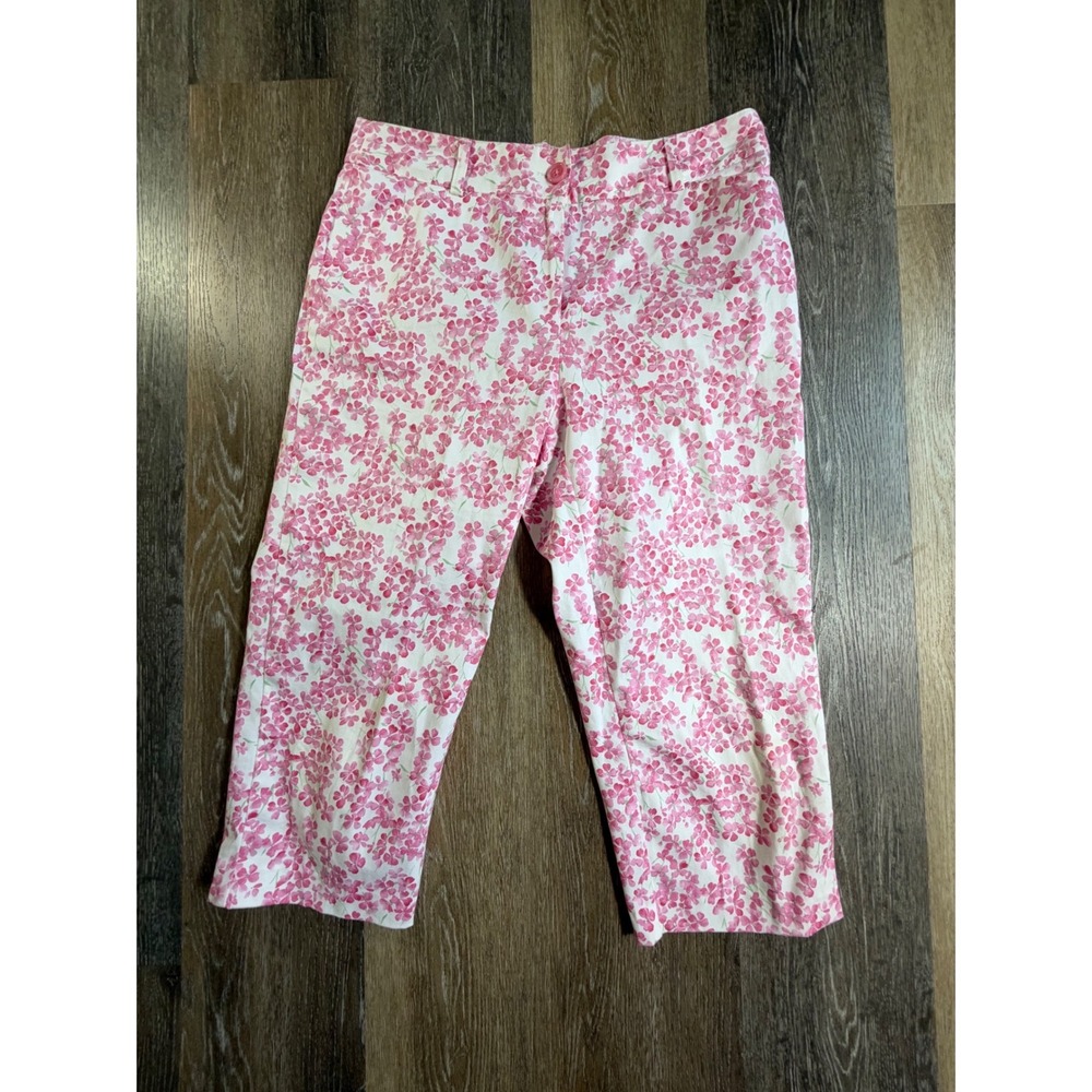 Kim Rogers Capri Pants Women 8 Pink White Floral Print Cropped Straight Leg